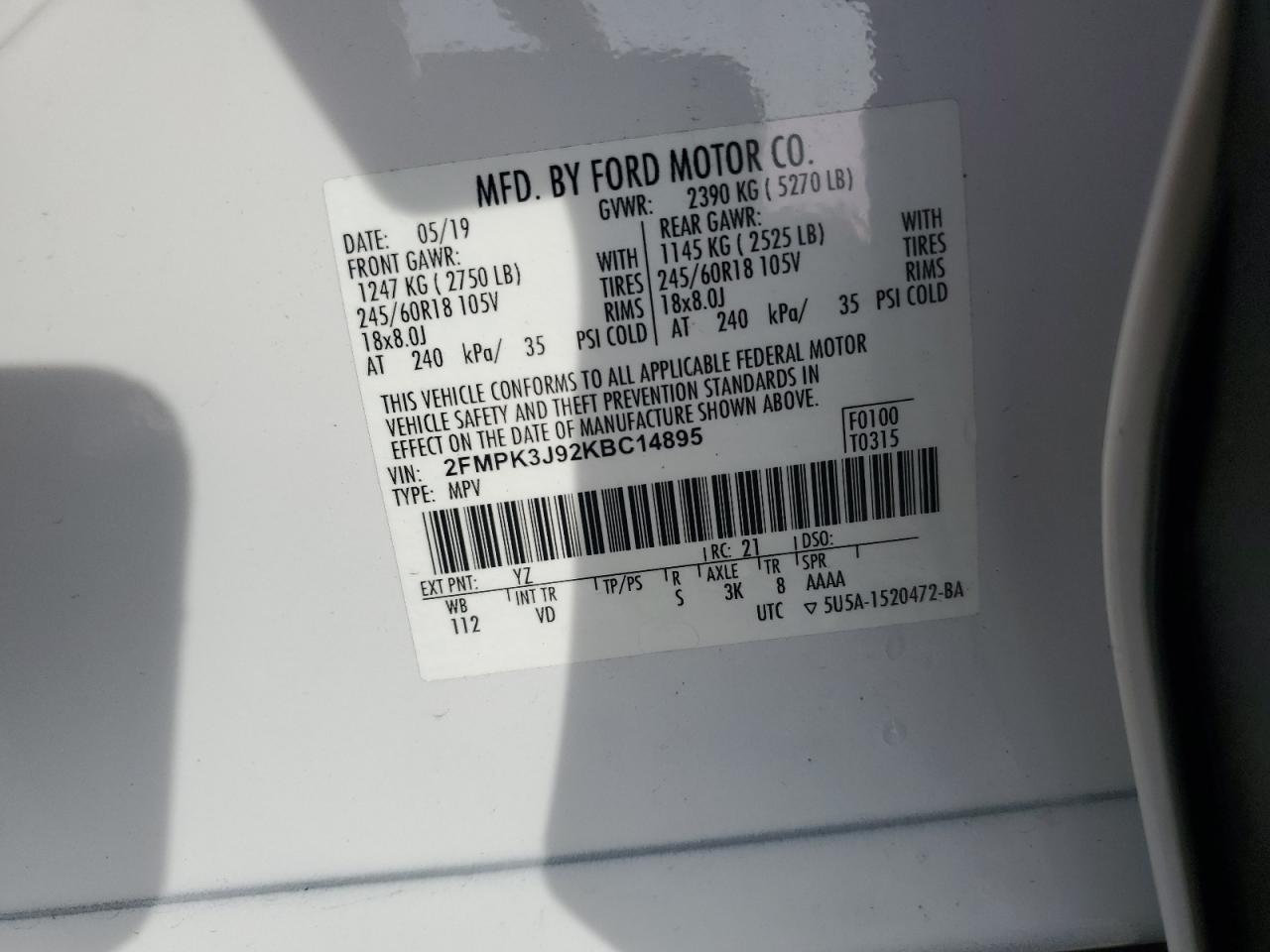 2019 Ford Edge VIN 2FMPK3J92KBC14895 Copart auction photo, all over damage thumbnail 13
