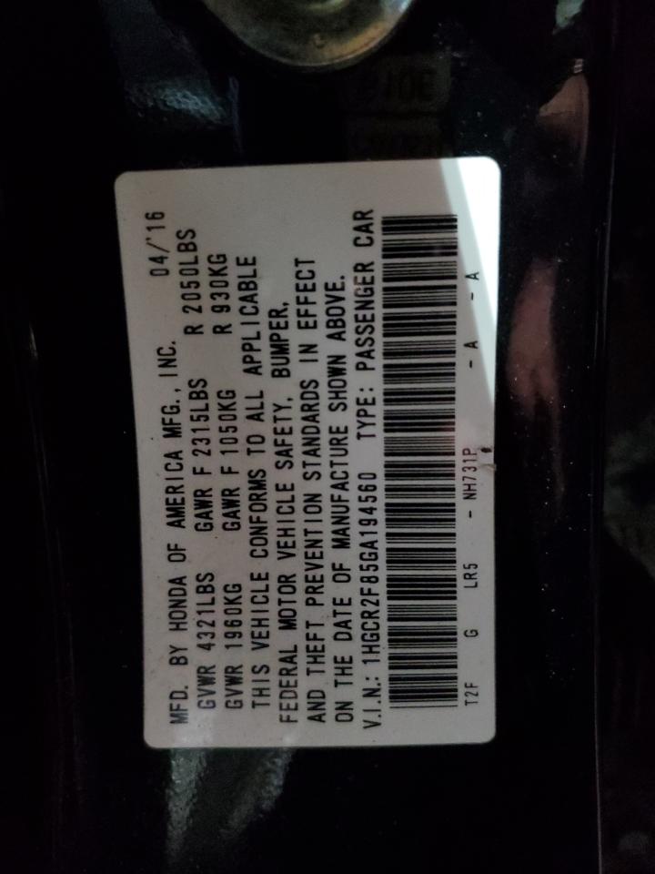2016 Honda Accord VIN 1HGCR2F85GA194560 Copart auction photo, front end / minor dent/scratches damage thumbnail 14