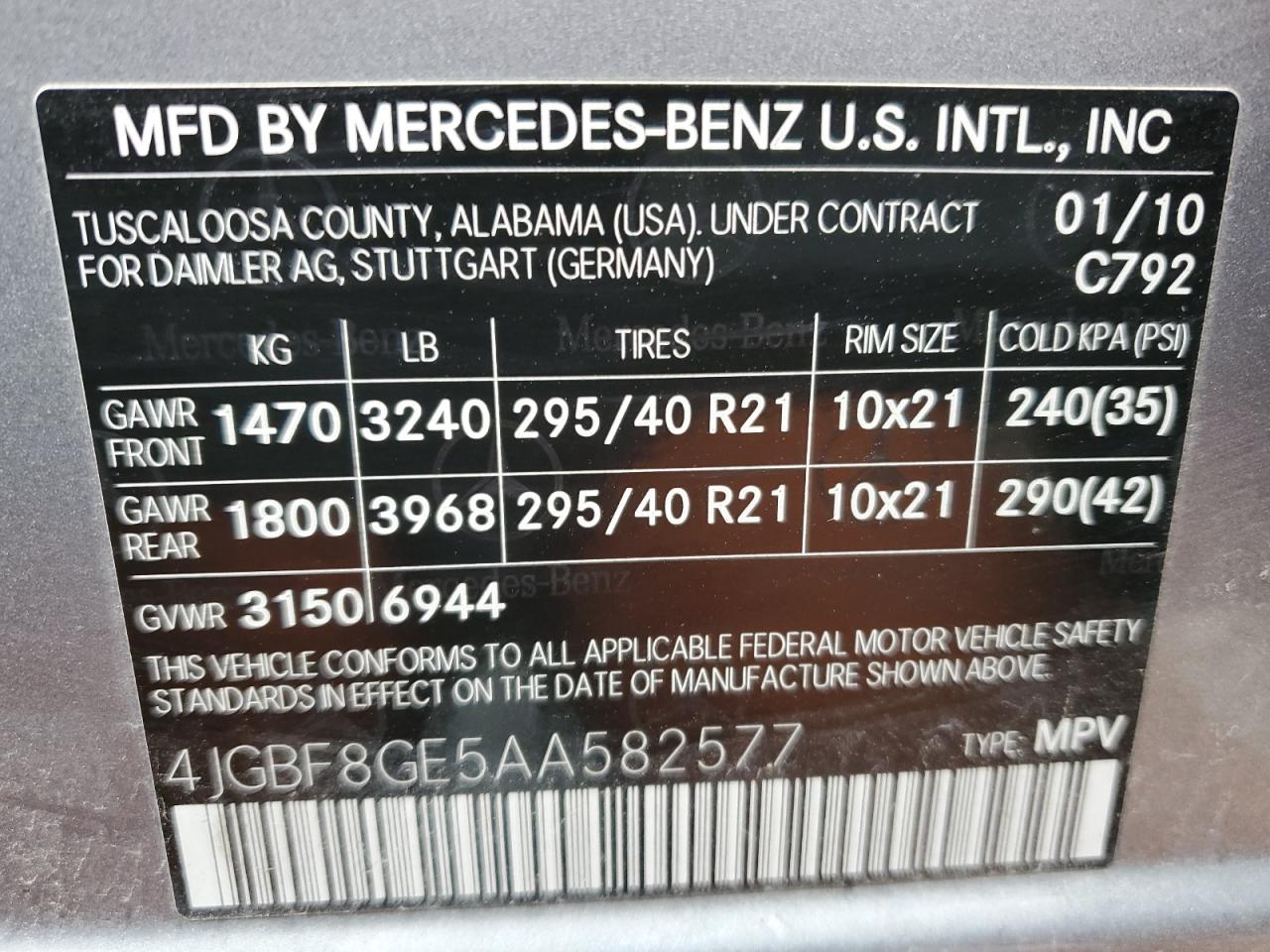 2010 Mercedes-Benz GL-klasse VIN 4JGBF8GE5AA582577 Copart auction photo, front end damage thumbnail 14