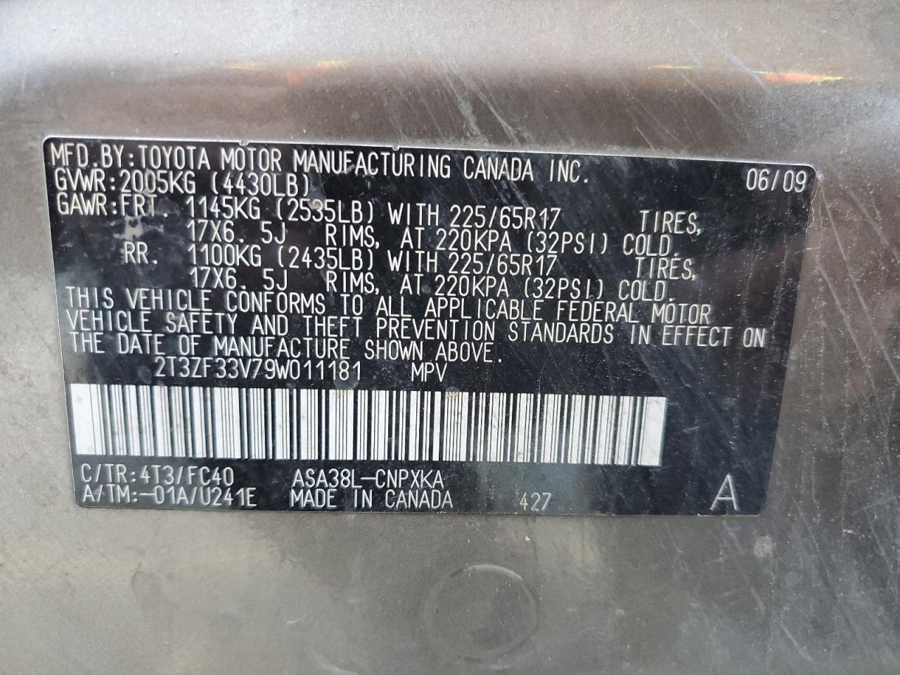 2009 Toyota RAV 4 VIN 2T3ZF33V79W011181 Copart auction photo, front end damage thumbnail 12