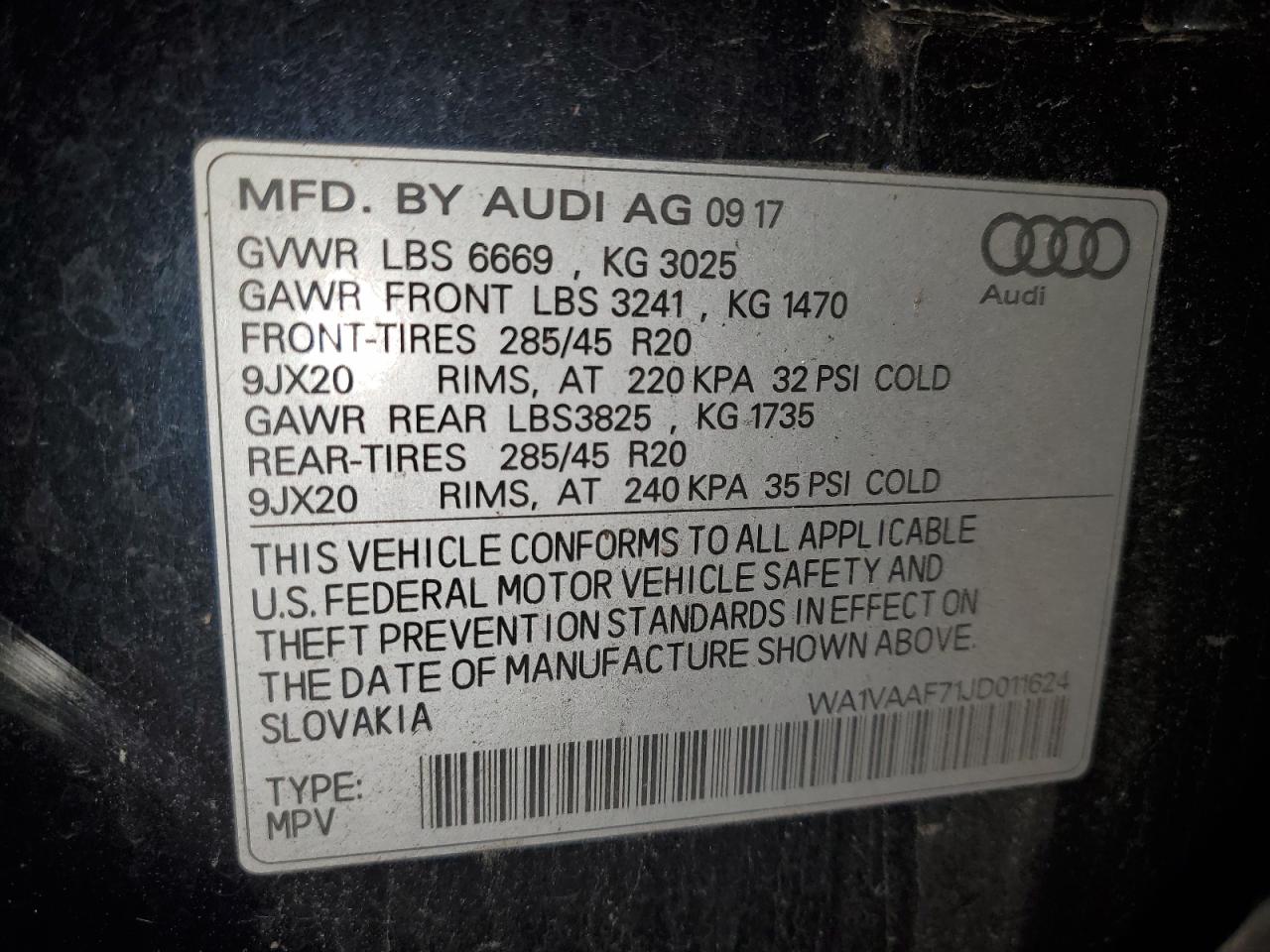 2018 Audi Q7 VIN WA1VAAF71JD011624 Copart auction photo, front end / side damage thumbnail 14
