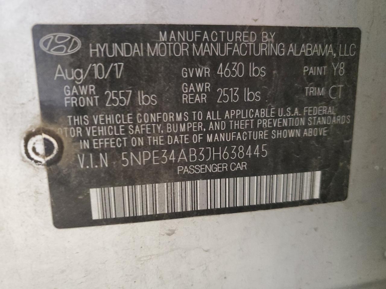 2018 Hyundai Sonata VIN 5NPE34AB3JH638445 Copart auction photo, front end / hail damage thumbnail 15