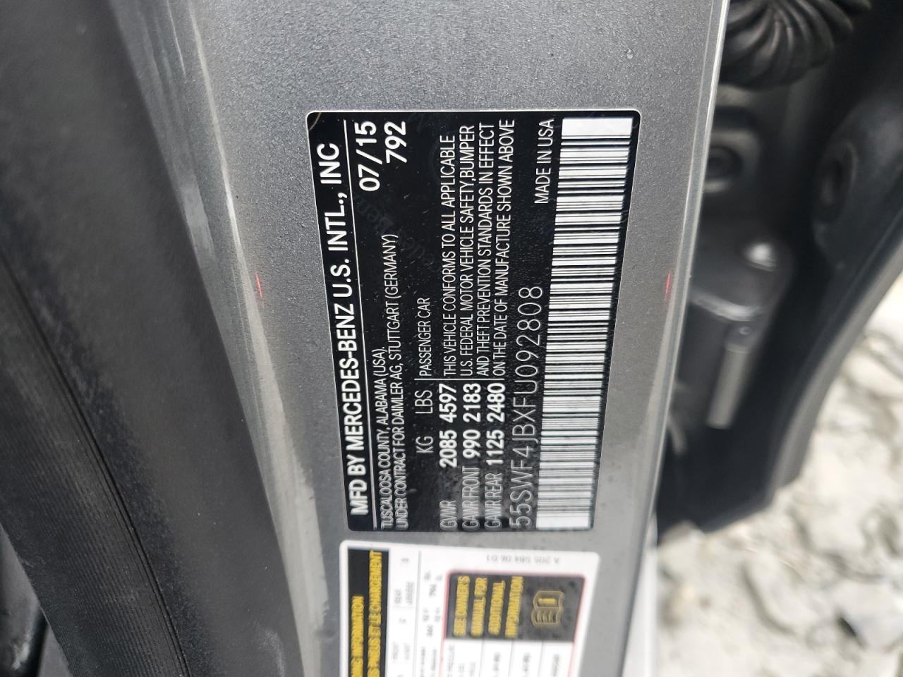2015 Mercedes-Benz C-klasse VIN 55SWF4JBXFU092808 Copart auction photo, side damage thumbnail 14