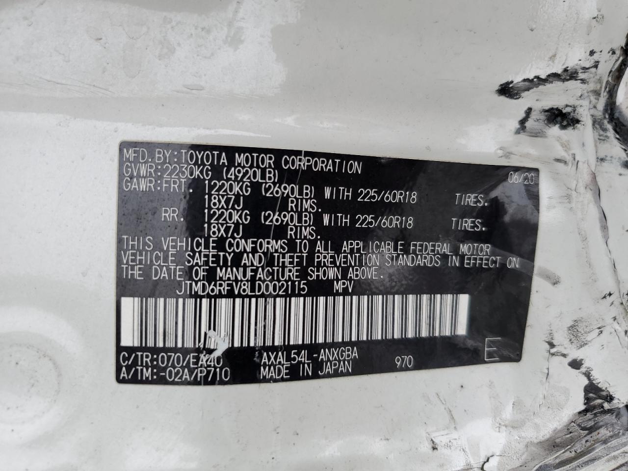 2020 Toyota RAV 4 VIN JTMD6RFV8LD002115 Copart auction photo, side / minor dent/scratches damage thumbnail 15