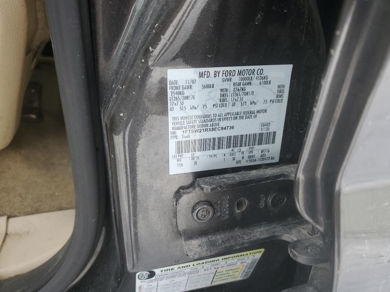 2008 Ford F250 VIN 1FTSW21RX8EC84736 Copart auction photo, front end damage thumbnail 12