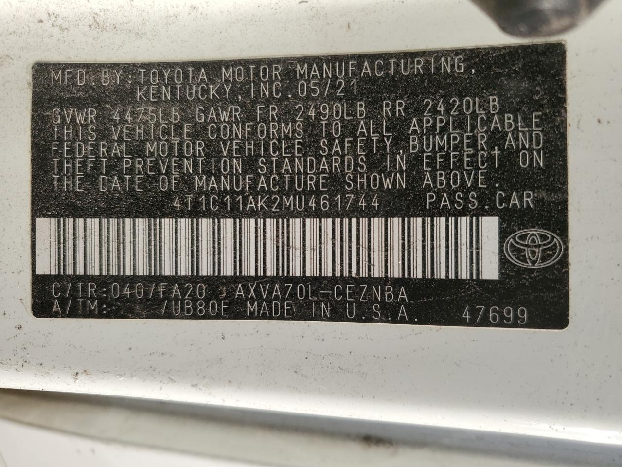 2021 Toyota Camry VIN 4T1C11AK2MU461744 Copart auction photo, all over damage thumbnail 13