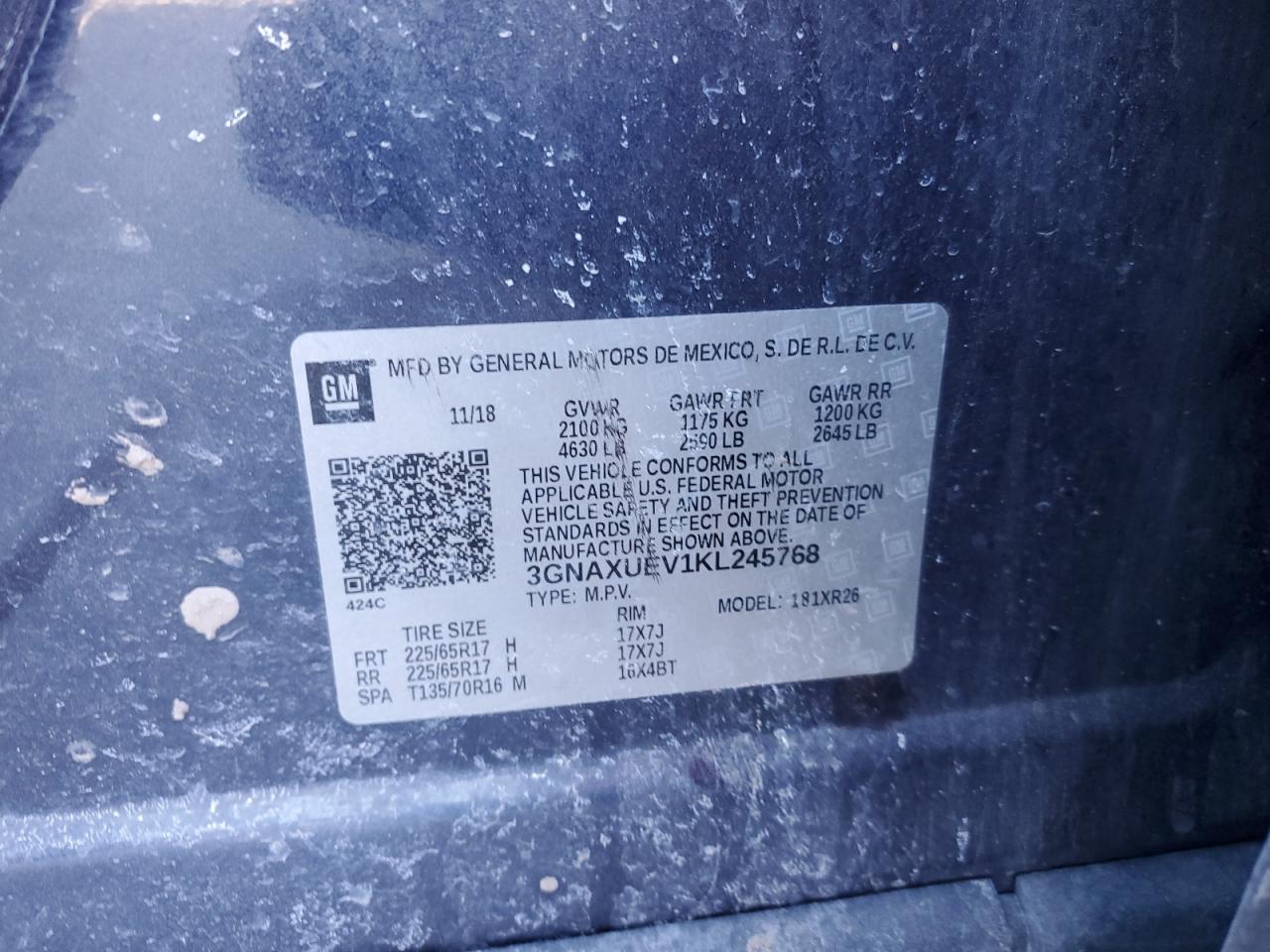 2019 Chevrolet Equinox VIN 3GNAXUEV1KL245768 Copart auction photo, rollover damage thumbnail 13