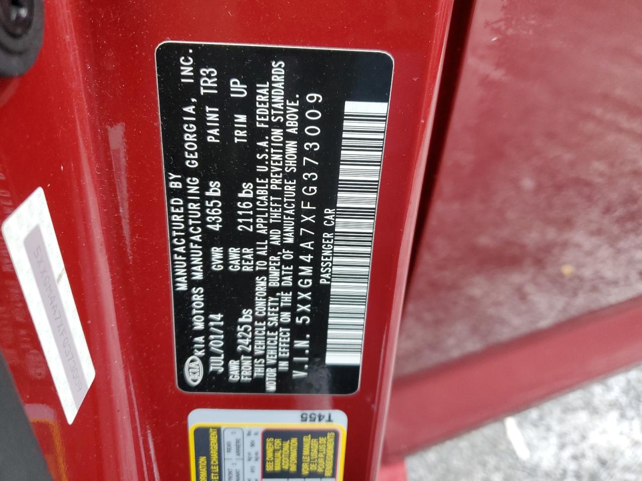 2015 KIA Optima VIN 5XXGM4A7XFG373009 Copart auction photo, front end damage thumbnail 14