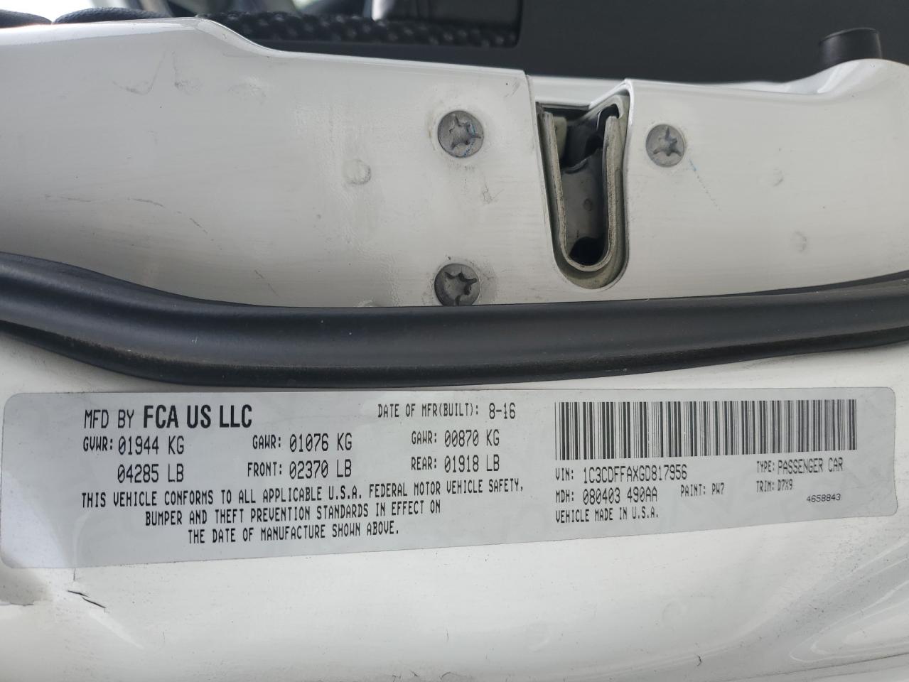 2016 Dodge Dart VIN 1C3CDFFAXGD817956 Copart auction photo, all over damage thumbnail 14