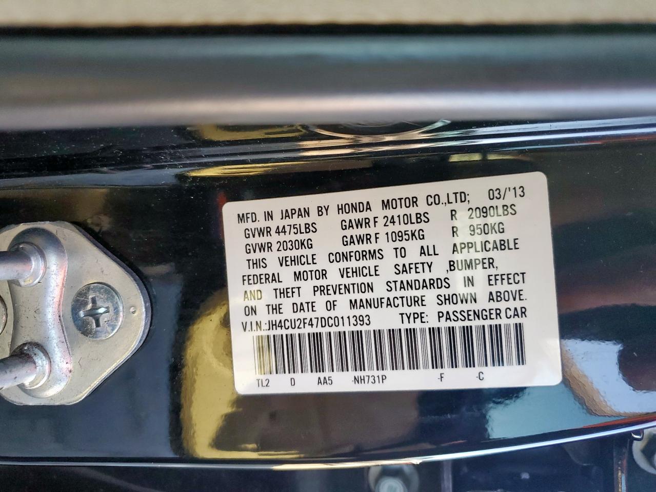 2013 Acura TSX VIN JH4CU2F47DC011393 Copart auction photo, side damage thumbnail 12