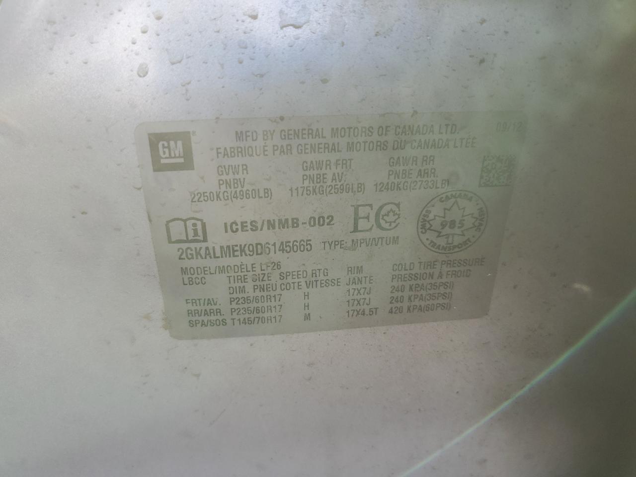 2013 GMC Terrain VIN 2GKALMEK9D6145665 Copart auction photo, all over damage thumbnail 12