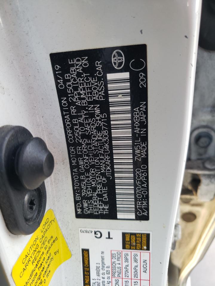 2019 Toyota Prius VIN JTDKARFU4K3087715 Copart auction photo, minor dent/scratches damage thumbnail 12