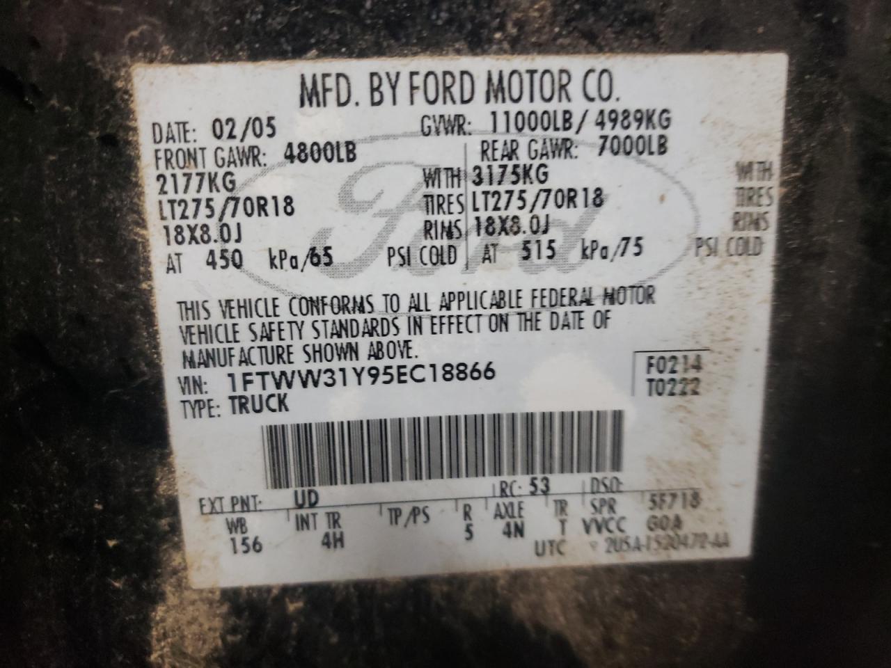 2005 Ford F350 VIN 1FTWW31Y95EC18866 Copart auction photo, hail damage thumbnail 12