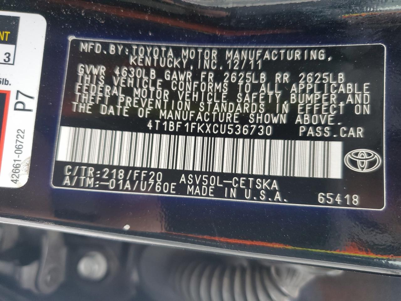 2012 Toyota Camry VIN 4T1BF1FKXCU536730 Copart auction photo, front end / side damage thumbnail 12