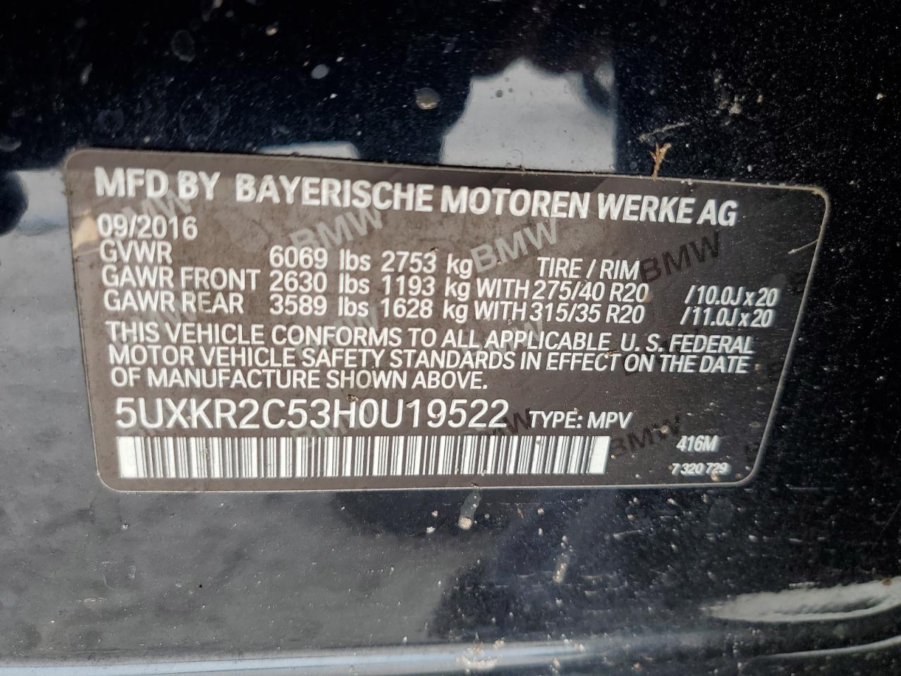 2017 BMW X5 VIN 5UXKR2C53H0U19522 Copart auction photo, water/flood / minor dent/scratches damage thumbnail 13