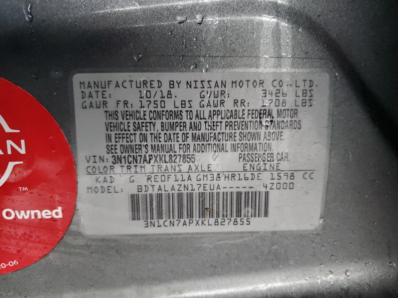 2019 Nissan Versa VIN 3N1CN7APXKL827855 Copart auction photo, rear end damage thumbnail 12