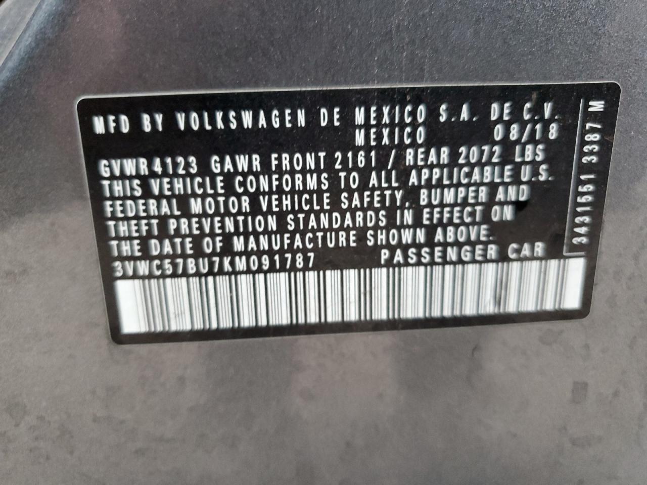 2019 Volkswagen Jetta VIN 3VWC57BU7KM091787 Copart auction photo, undercarriage / all over damage thumbnail 12