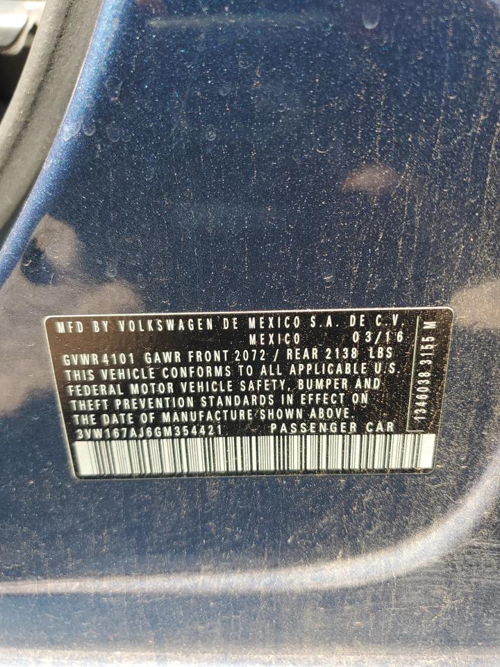 2016 Volkswagen Jetta VIN 3VW167AJ6GM354421 Copart auction photo, side / front end damage thumbnail 12