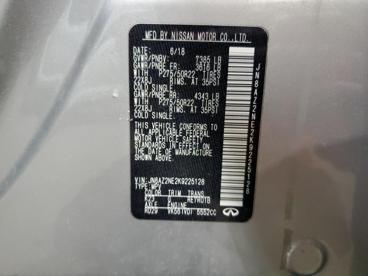 2019 Infiniti QX80 VIN JN8AZ2NE2K9225128 Copart auction photo, side / front end damage thumbnail 14