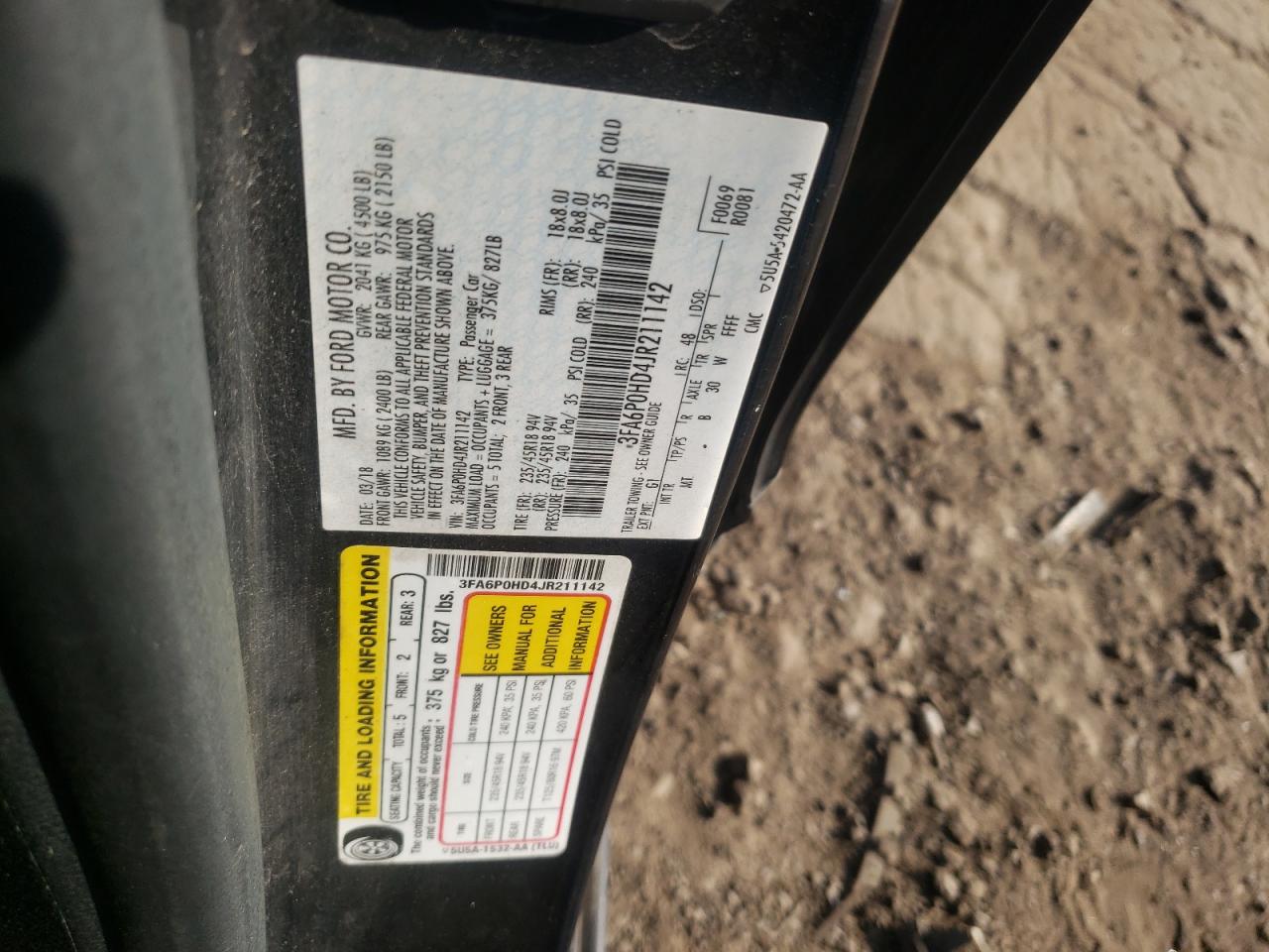 2018 Ford Fusion VIN 3FA6P0HD4JR211142 Copart auction photo, rollover damage thumbnail 14