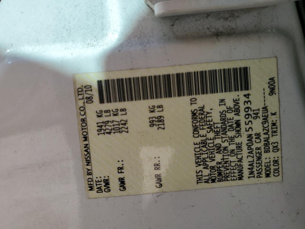 2010 Nissan Altima VIN 1N4AL2AP0AN559934 Copart auction photo, front end / minor dent/scratches damage thumbnail 14