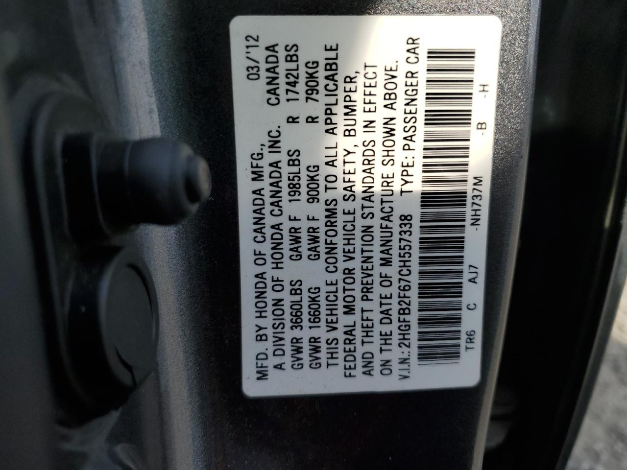 2012 Honda Civic VIN 2HGFB2F67CH557338 Copart auction photo, rear end damage thumbnail 12