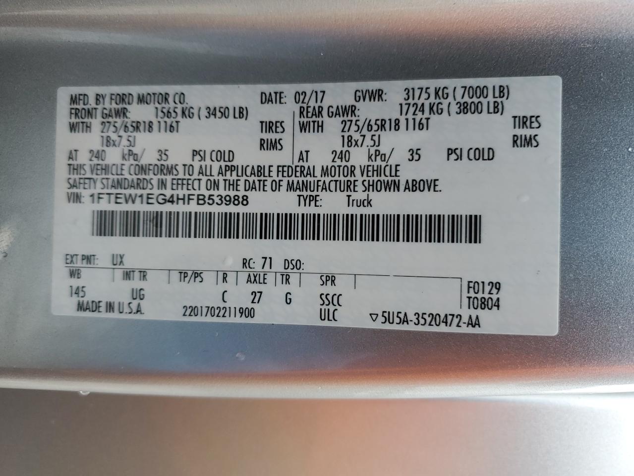 2017 Ford F-150 VIN 1FTEW1EG4HFB53988 Copart auction photo, side / front end damage thumbnail 12