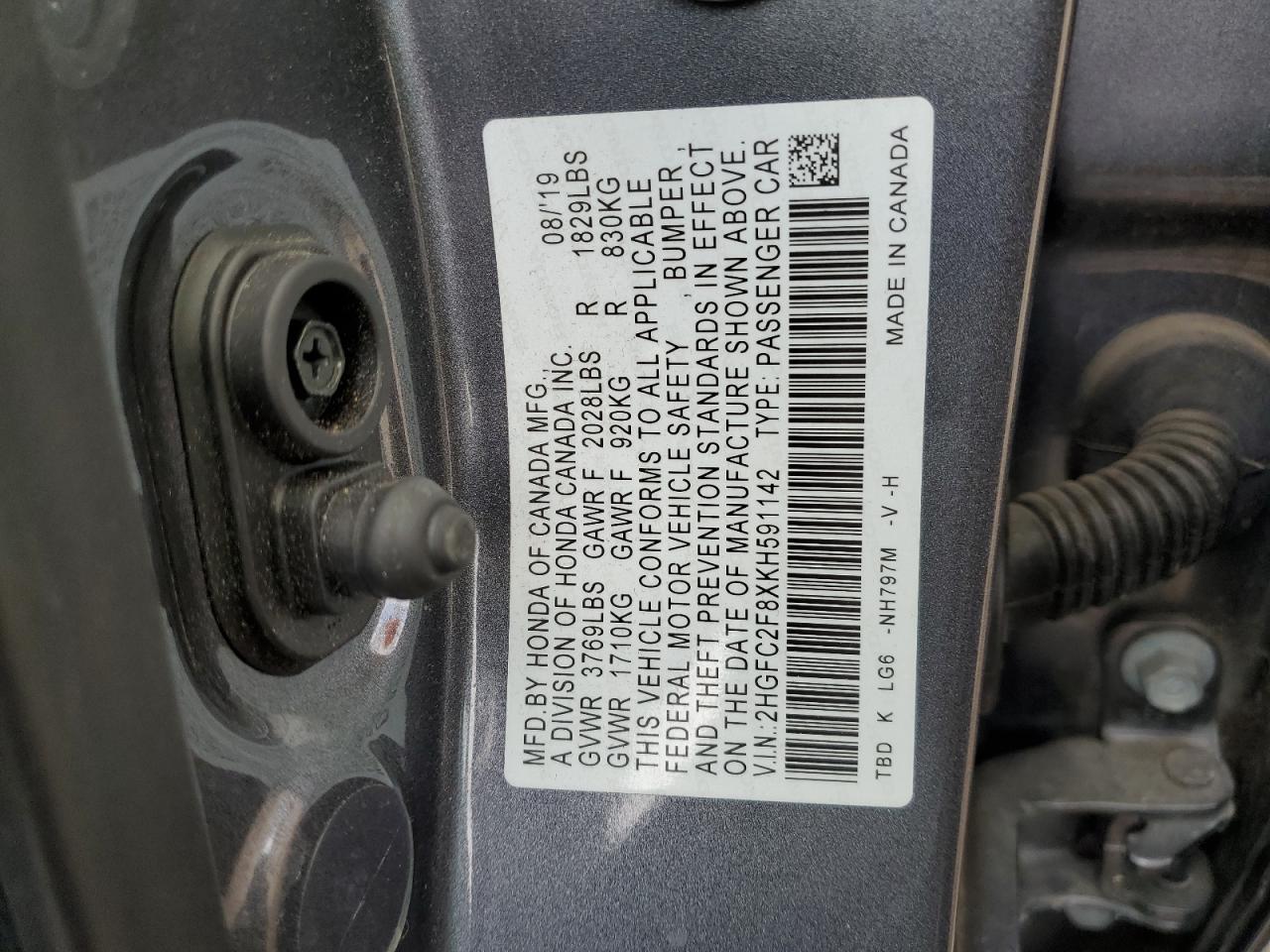2019 Honda Civic VIN 2HGFC2F8XKH591142 Copart auction photo, rear end / minor dent/scratches damage thumbnail 14