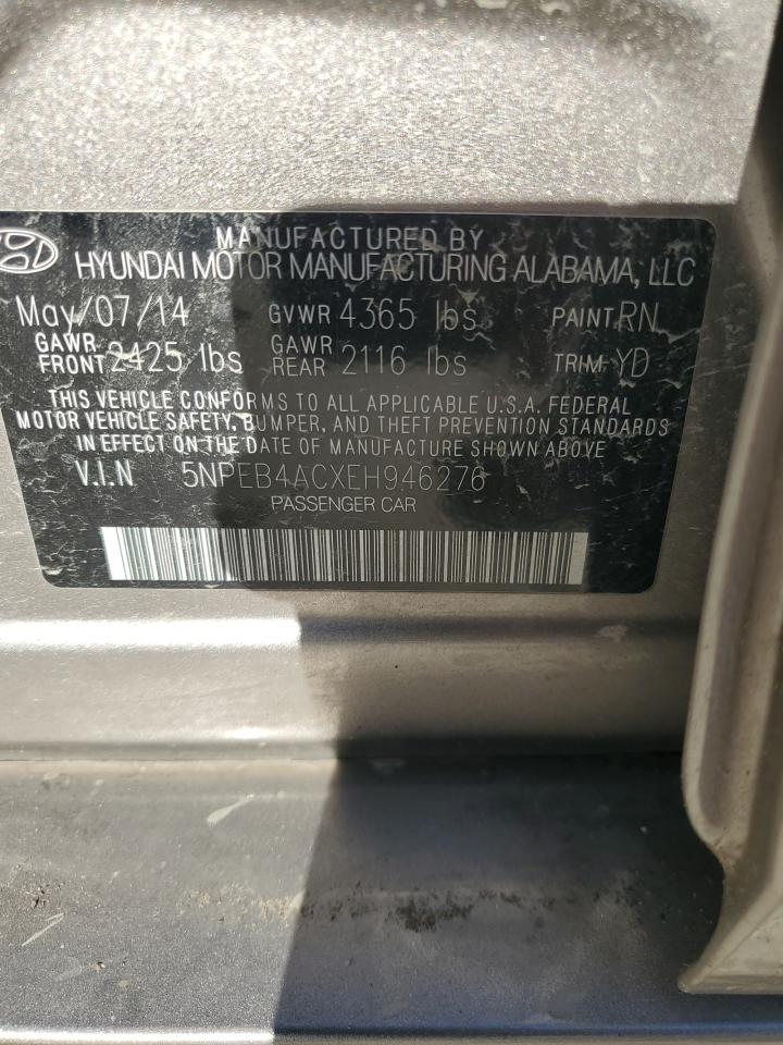 2014 Hyundai Sonata VIN 5NPEB4ACXEH946276 Copart auction photo, rear end / side damage thumbnail 12