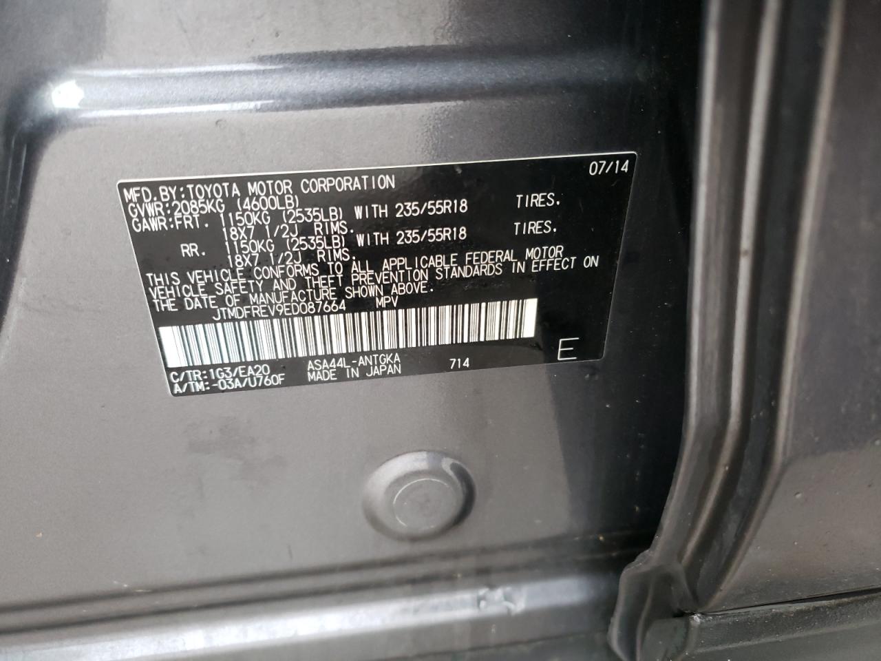 2014 Toyota RAV 4 VIN JTMDFREV9ED087664 Copart auction photo, front end / rear end damage thumbnail 12