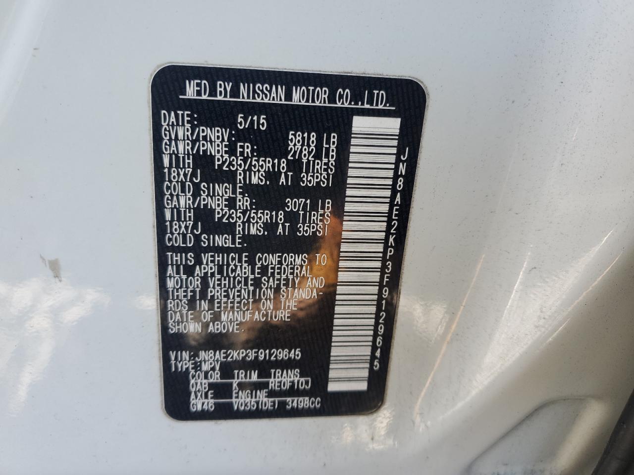 2015 Nissan Quest VIN JN8AE2KP3F9129645 Copart auction photo, rear end damage thumbnail 15