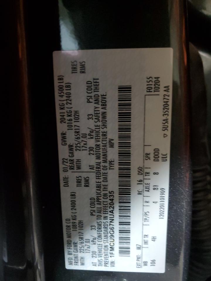 2022 Ford Escape VIN 1FMCU9G67NUA20435 Copart auction photo, front end / side damage thumbnail 15