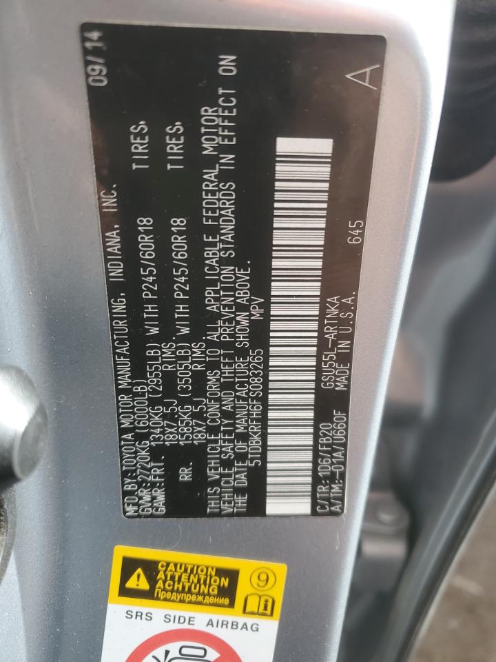 2015 Toyota Highlander VIN 5TDBKRFH6FS083265 Copart auction photo, front end / side damage thumbnail 13