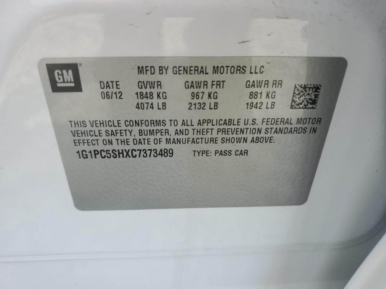 2012 Chevrolet Cruze VIN 1G1PC5SHXC7373489 Copart auction photo, side / rear end damage thumbnail 12