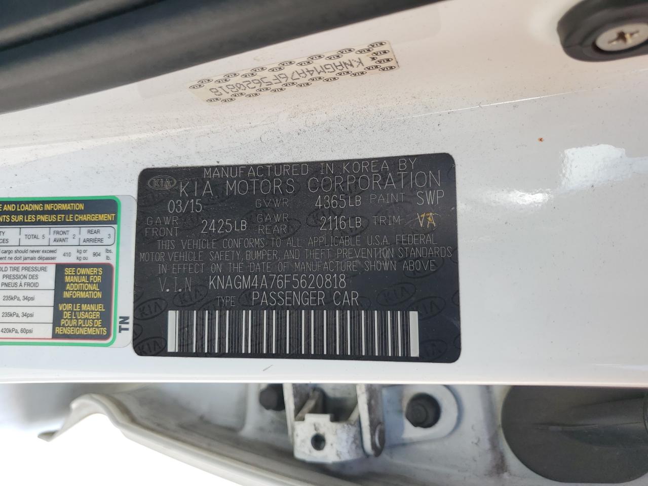 2015 KIA Optima VIN KNAGM4A76F5620818 Copart auction photo, front end damage thumbnail 12