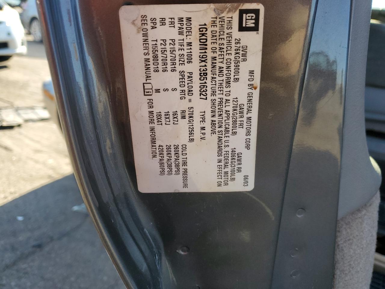 2003 GMC Safari VIN 1GKDM19X13B516327 Copart auction photo, front end damage thumbnail 15