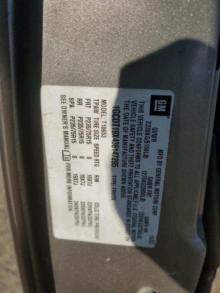 2003 Chevrolet S-10 Pickup VIN 1GCDT19X438147295 Copart auction photo, front end damage thumbnail 13