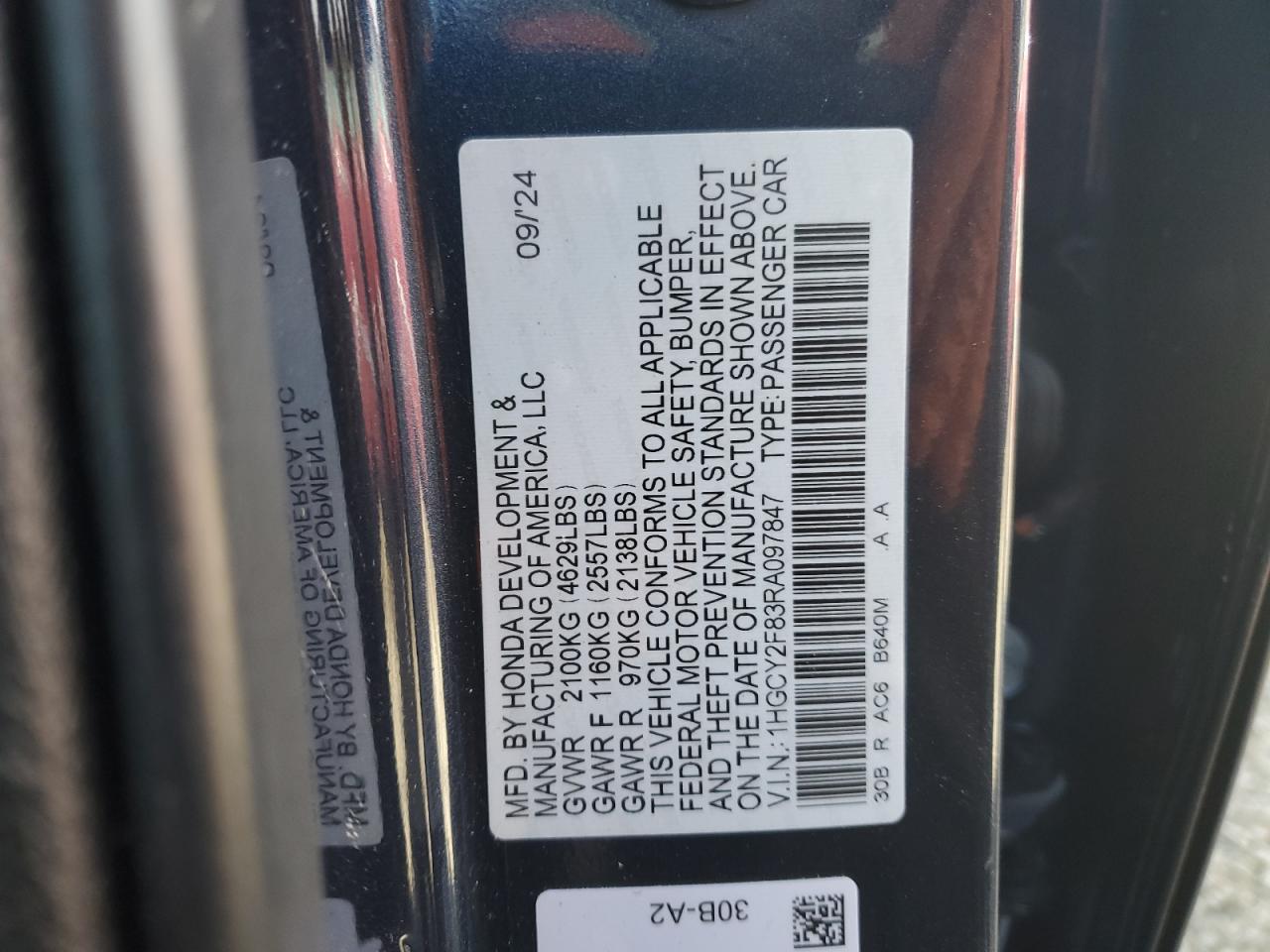 2024 Honda Accord VIN 1HGCY2F83RA097847 Copart auction photo, side / front end damage thumbnail 12