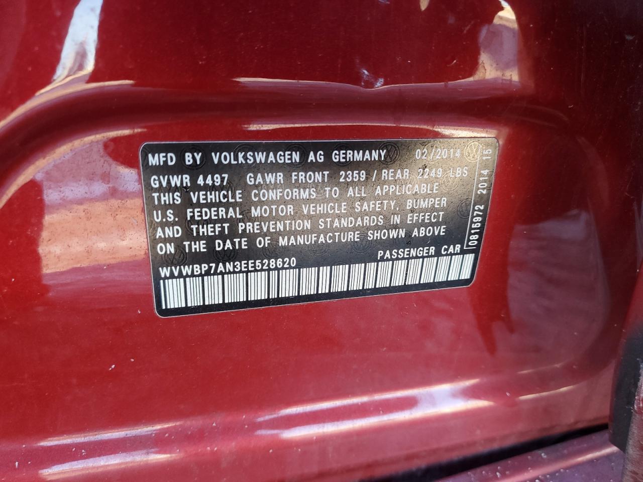 2014 Volkswagen Passat CC VIN WVWBP7AN3EE528620 Copart auction photo, side / front end damage thumbnail 12