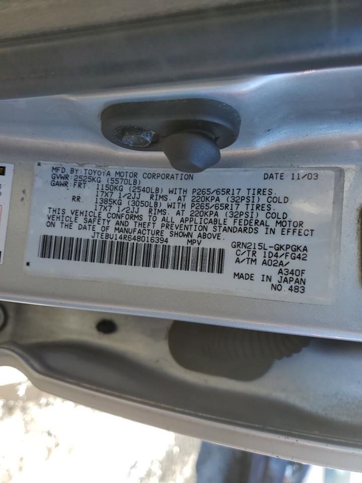 2004 Toyota 4Runner VIN JTEBU14R648016394 Copart auction photo, rear end / side damage thumbnail 13