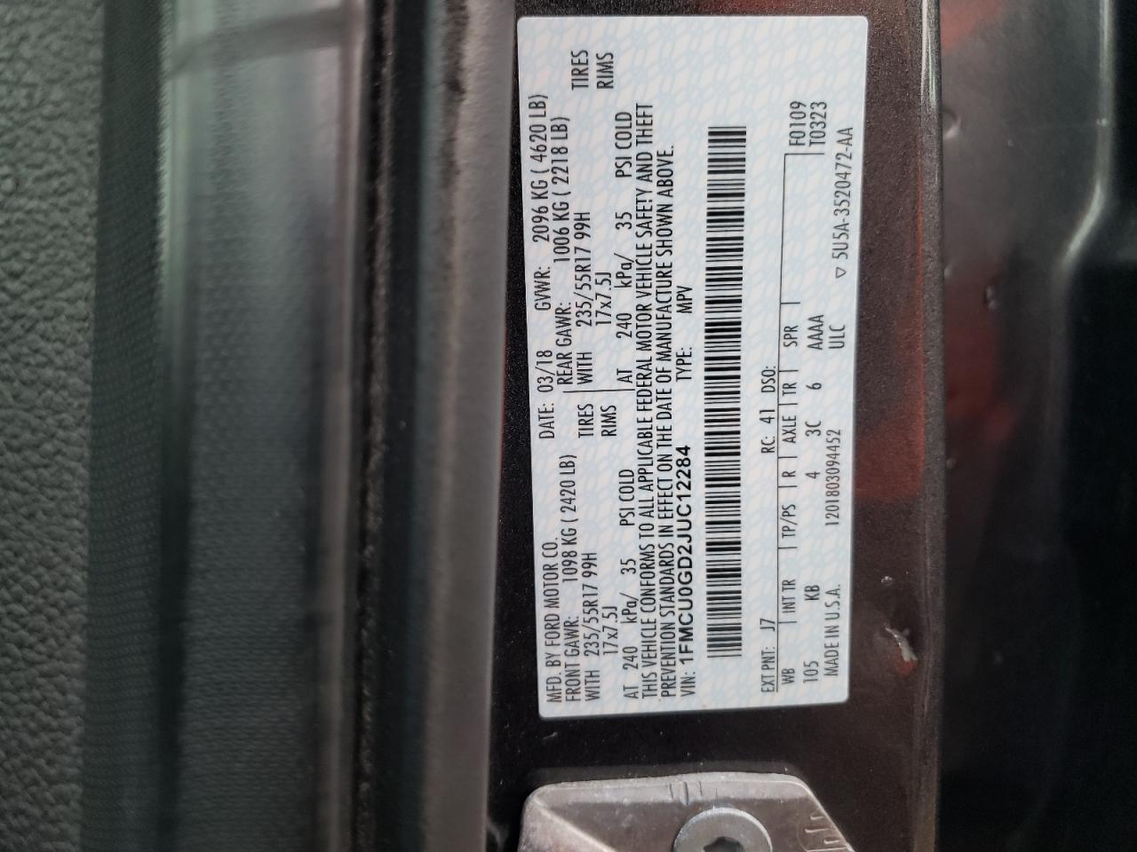 2018 Ford Escape VIN 1FMCU0GD2JUC12284 Copart auction photo, front end damage thumbnail 12