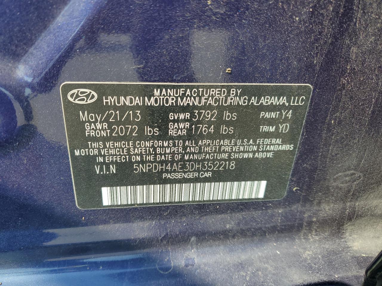 2013 Hyundai Elantra VIN 5NPDH4AE3DH352218 Copart auction photo, water/flood damage thumbnail 13