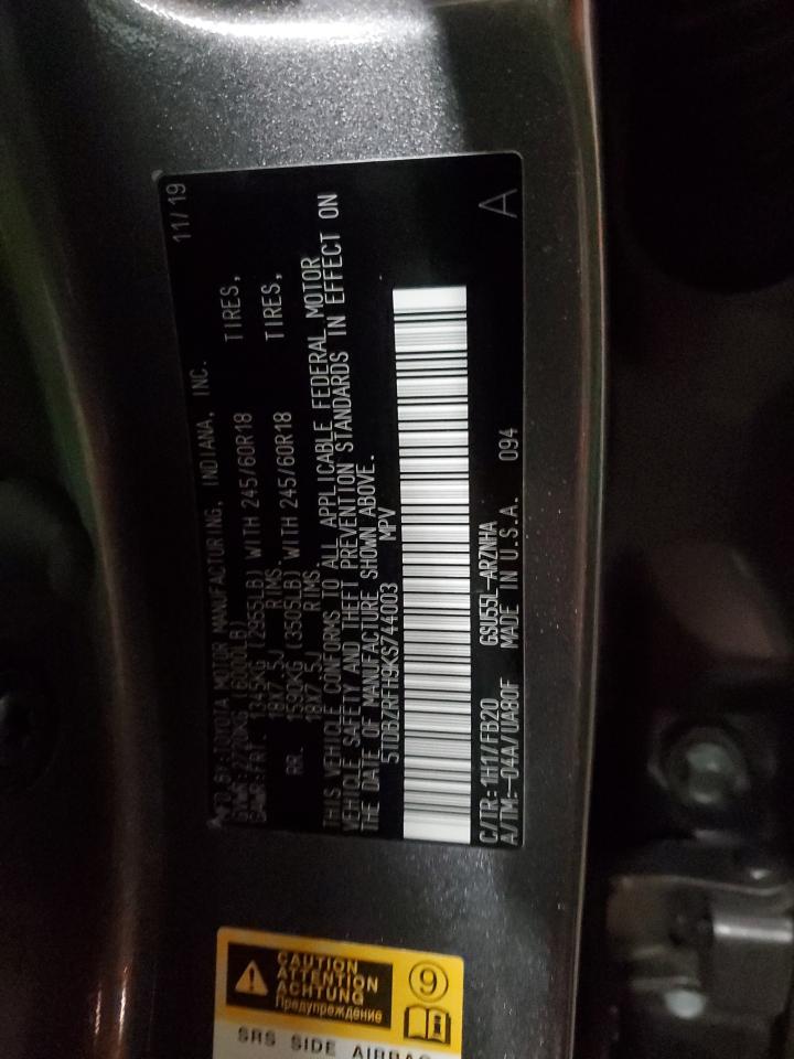 2019 Toyota Highlander VIN 5TDBZRFH9KS744003 Copart auction photo, side damage thumbnail 13