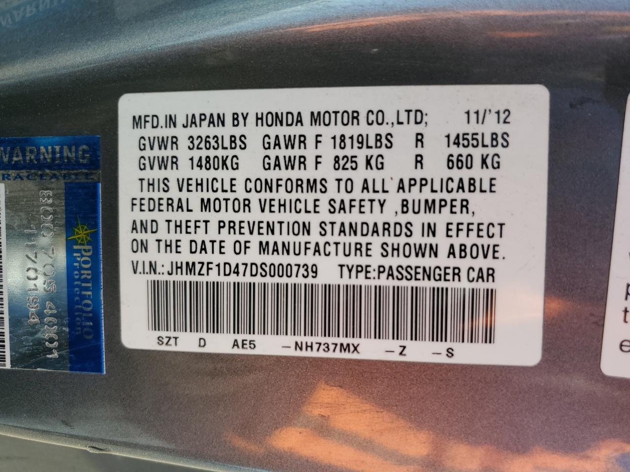 2013 Honda CR-Z VIN JHMZF1D47DS000739 Copart auction photo, all over damage thumbnail 14