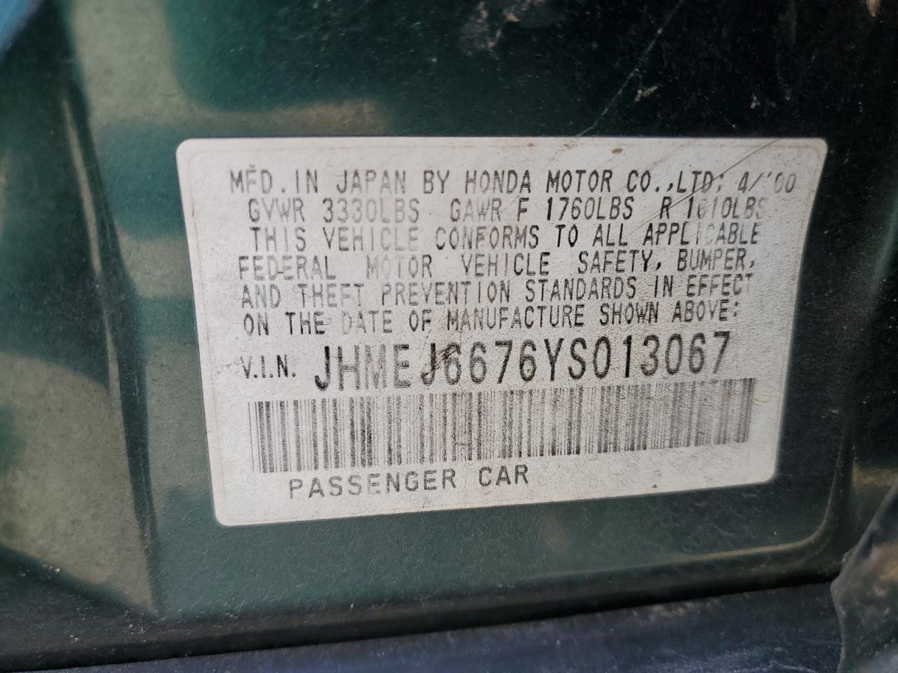 2000 Honda Civic VIN JHMEJ6676YS013067 Copart auction photo, front end / side damage thumbnail 15