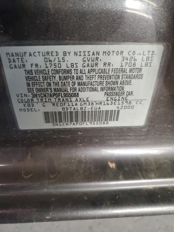2015 Nissan Versa VIN 3N1CN7AP0FL955088 Copart auction photo, minor dent/scratches damage thumbnail 12