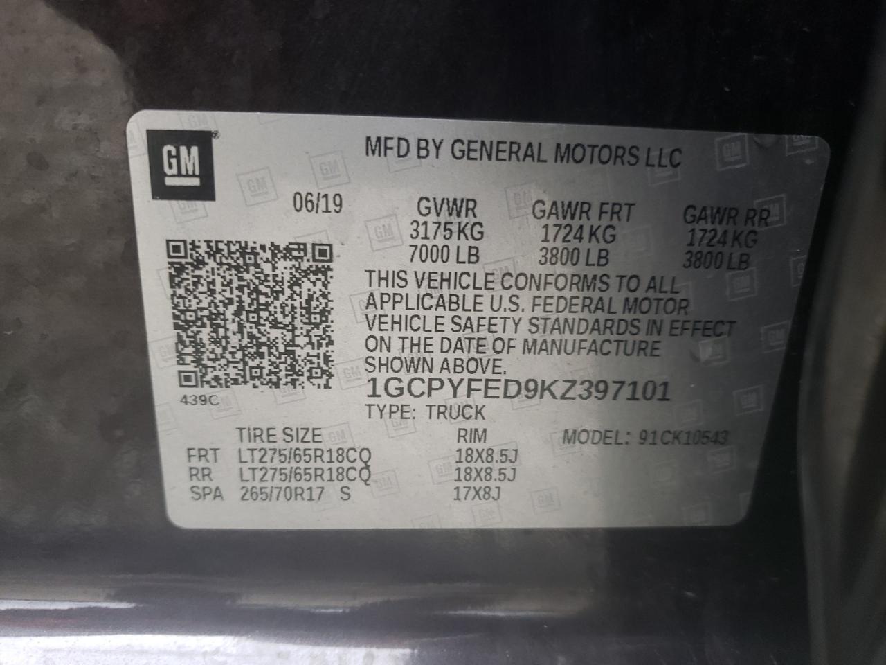 2019 Chevrolet Silverado VIN 1GCPYFED9KZ397101 Copart auction photo, front end / minor dent/scratches damage thumbnail 12