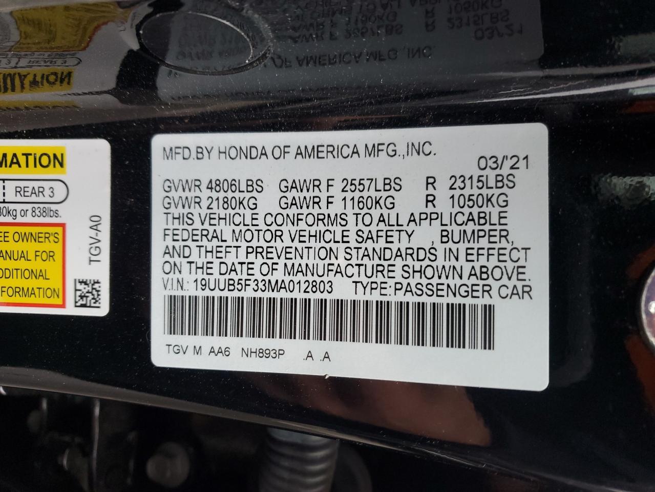 2021 Acura TLX VIN 19UUB5F33MA012803 Copart auction photo, front end damage thumbnail 14