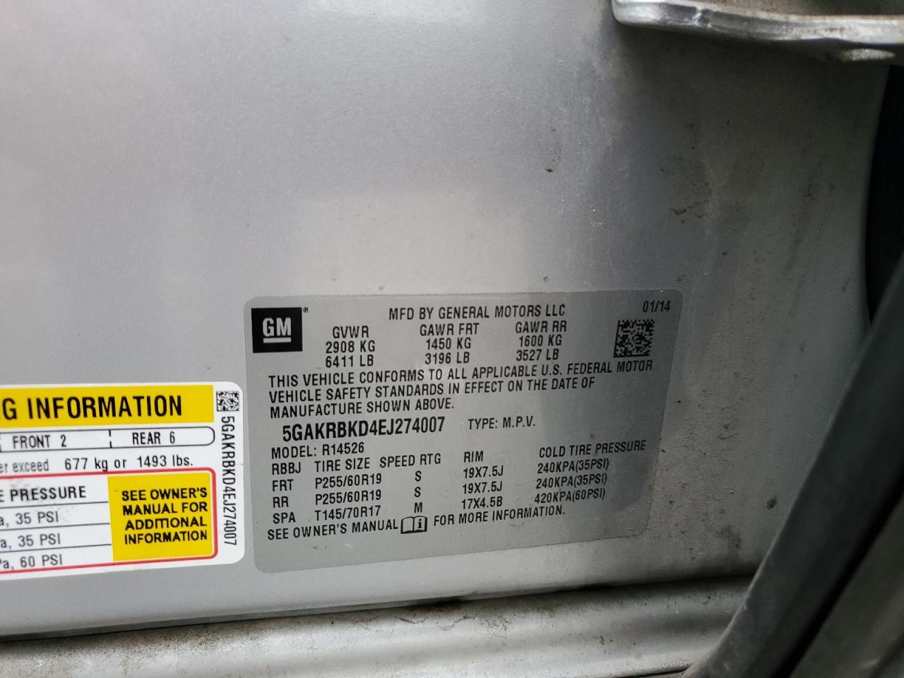 2014 Buick Enclave VIN 5GAKRBKD4EJ274007 Copart auction photo, all over damage thumbnail 13
