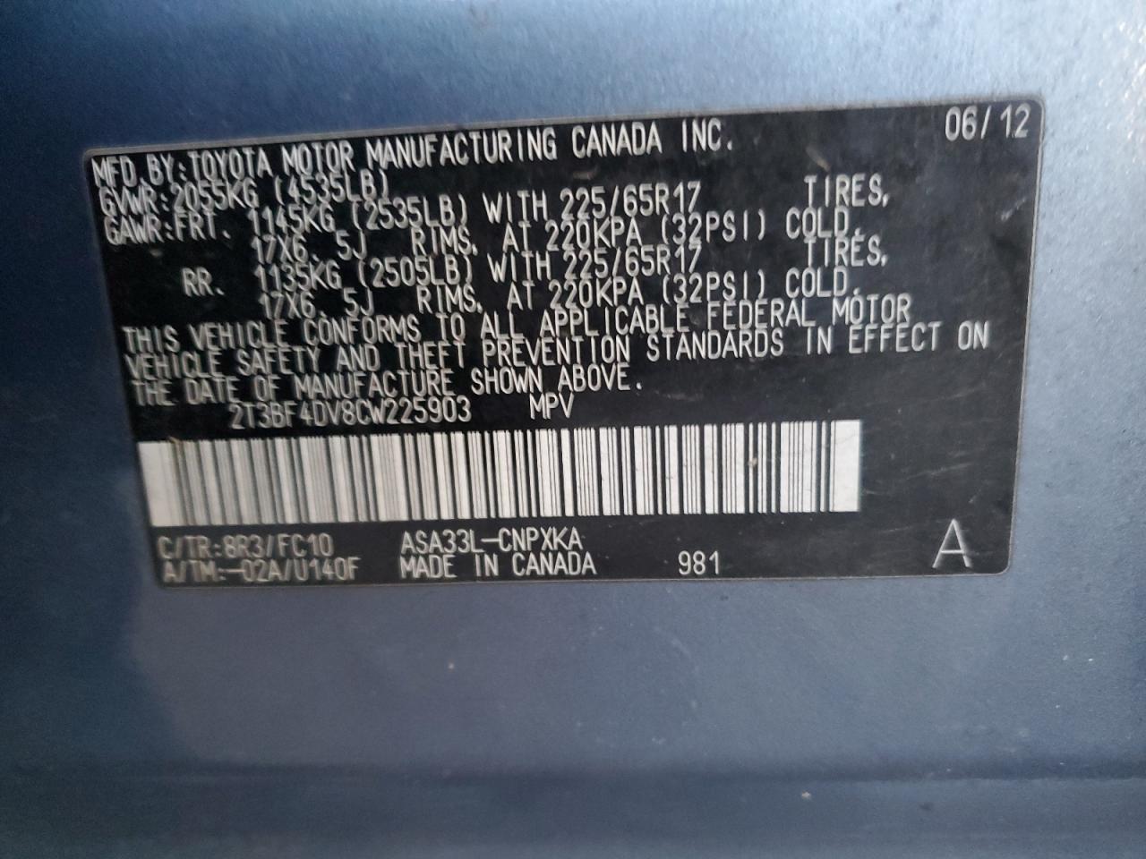 2012 Toyota RAV 4 VIN 2T3BF4DV8CW225903 Copart auction photo, front end damage thumbnail 13
